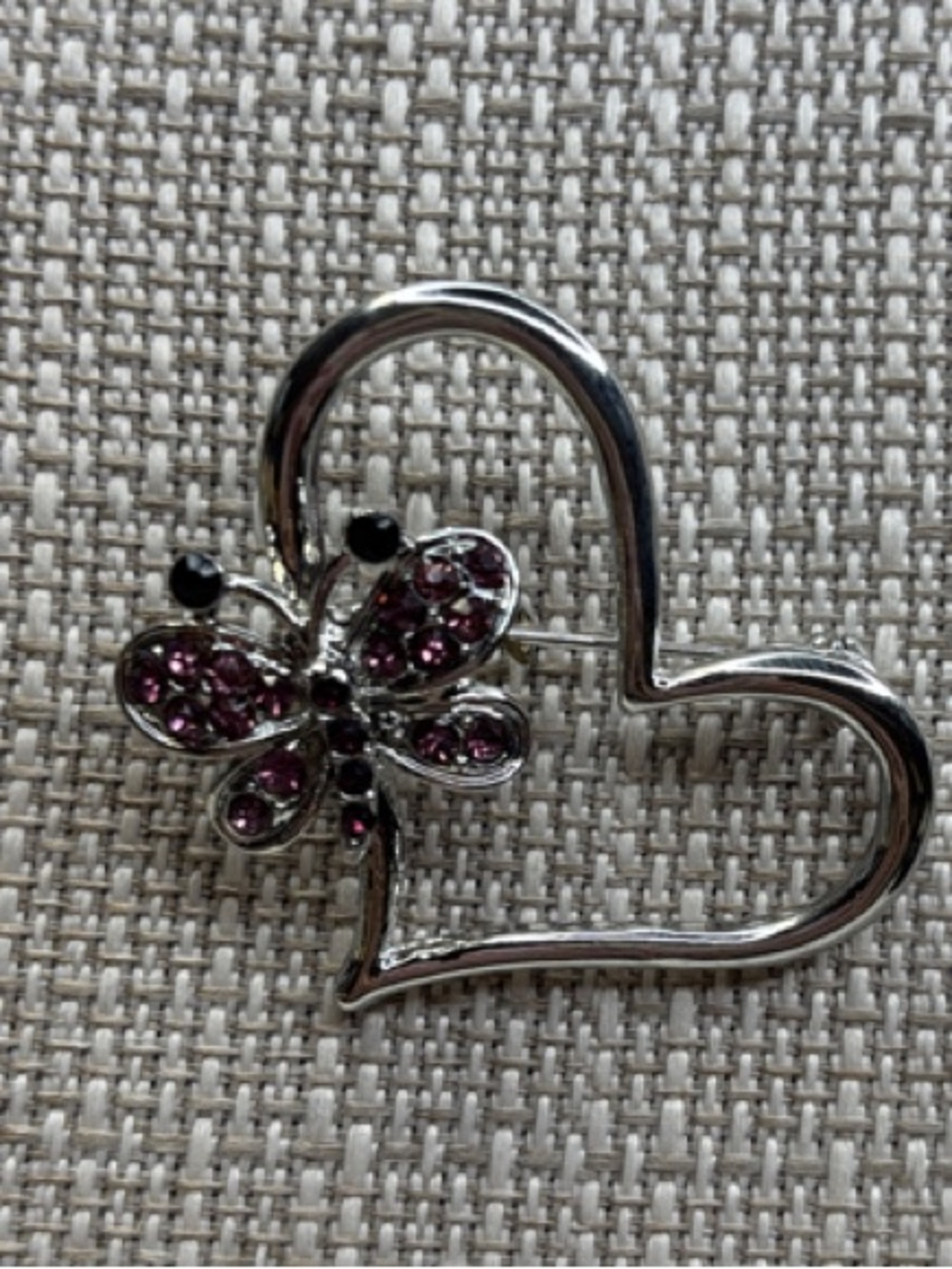 Silver Heart Brooch with Pink Crystal Butterfly Accent